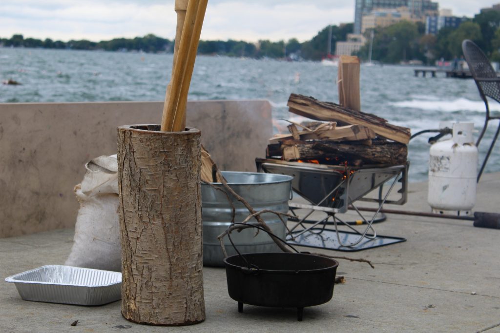 Objects in front of a body of water